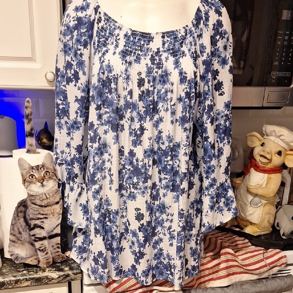 f Floral Blue and White Women's Top3/4 Sleeve  2X.  EUC